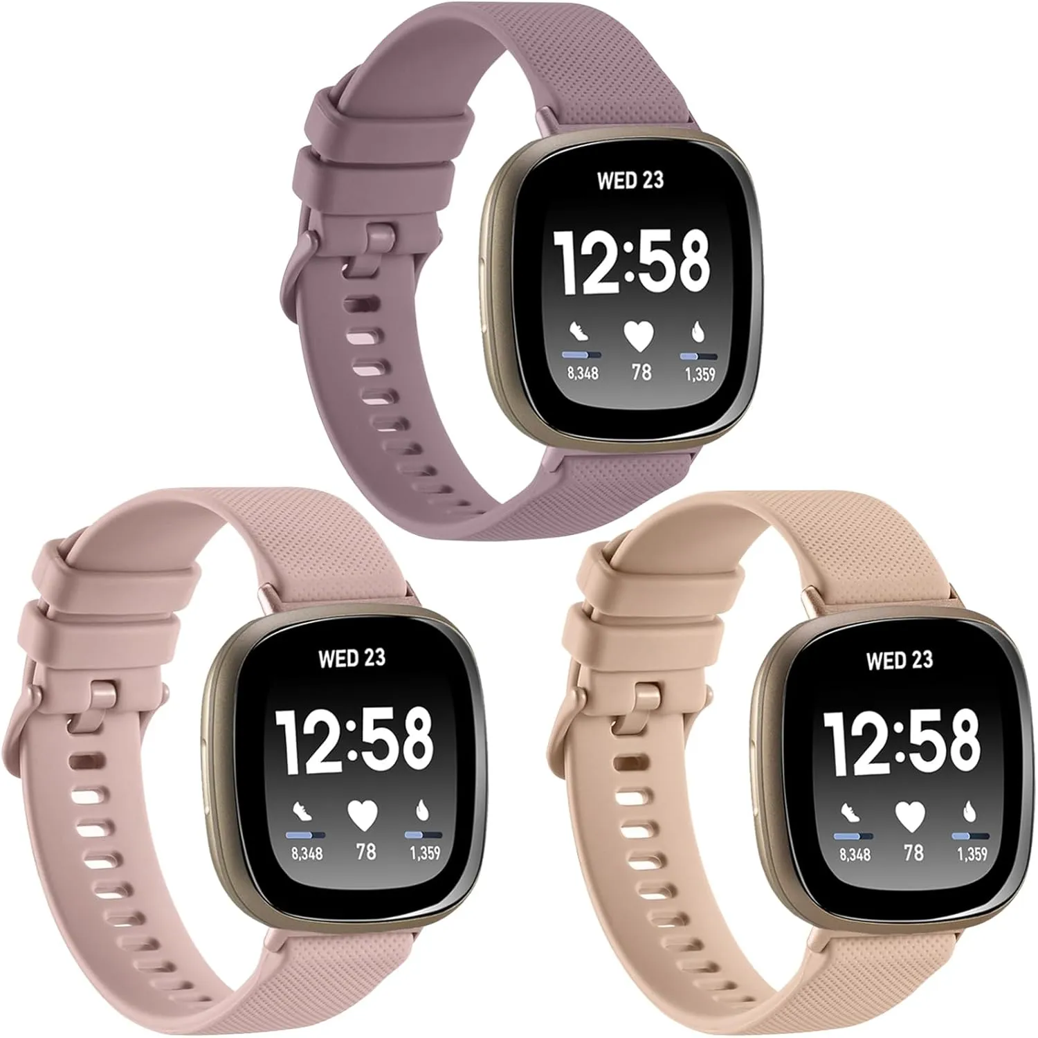 3-Pack Sport Bands Compatible with Fitbit Versa 4/Versa 3/Sense 2/Sense Band, Classic Soft Silicone Replacement Wristband Strap Accessories for Women Men(Smoke Violet/Pink/Milk Tea)