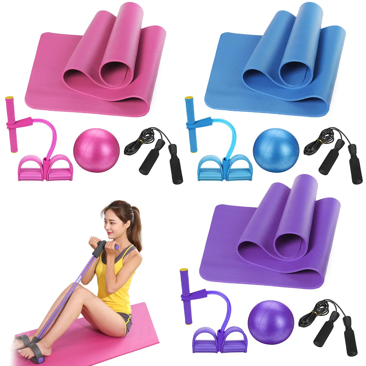 4PCS Yoga Beginner Kit Set Anti-skid Pilates Ball   Jump Rope   Resistance Band   Yoga Mats Home Fitness Tools