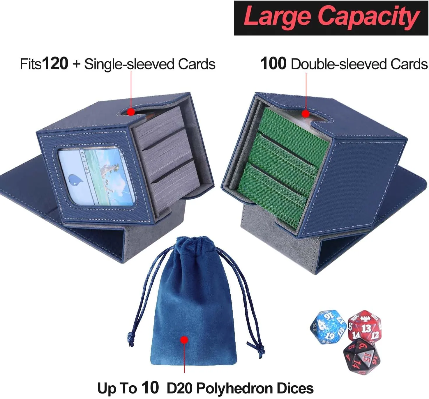 AFIING MTG Deck Box for Commander Display,Card Deck Box Fits 100 Double Sleeved Cards, Magic Commander TCG Card Storage with 2 Dividers,Dice Bag and 1 Toploader(Blue/Grey)