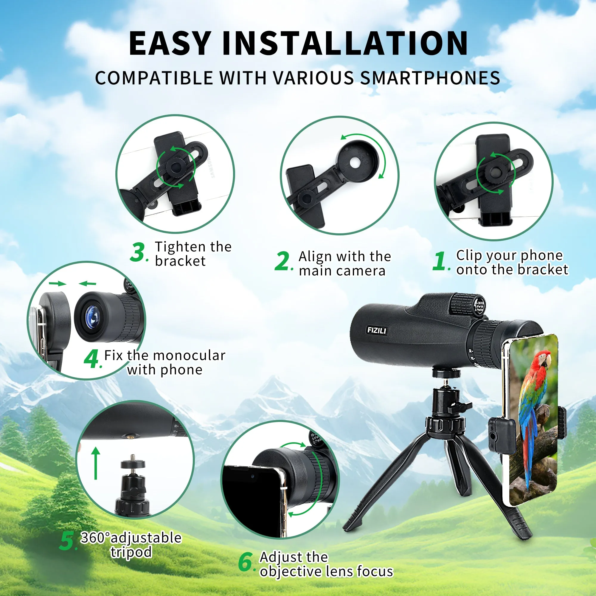FIZILI Monocular Telescope for Adults - High Powered 10-30x50,HD Waterproof, BAK4 Prism, FMC Lens, Smartphone Adapter & Tripod - Ideal for Bird Watching, Hiking, Hunting, Traveling(Green)