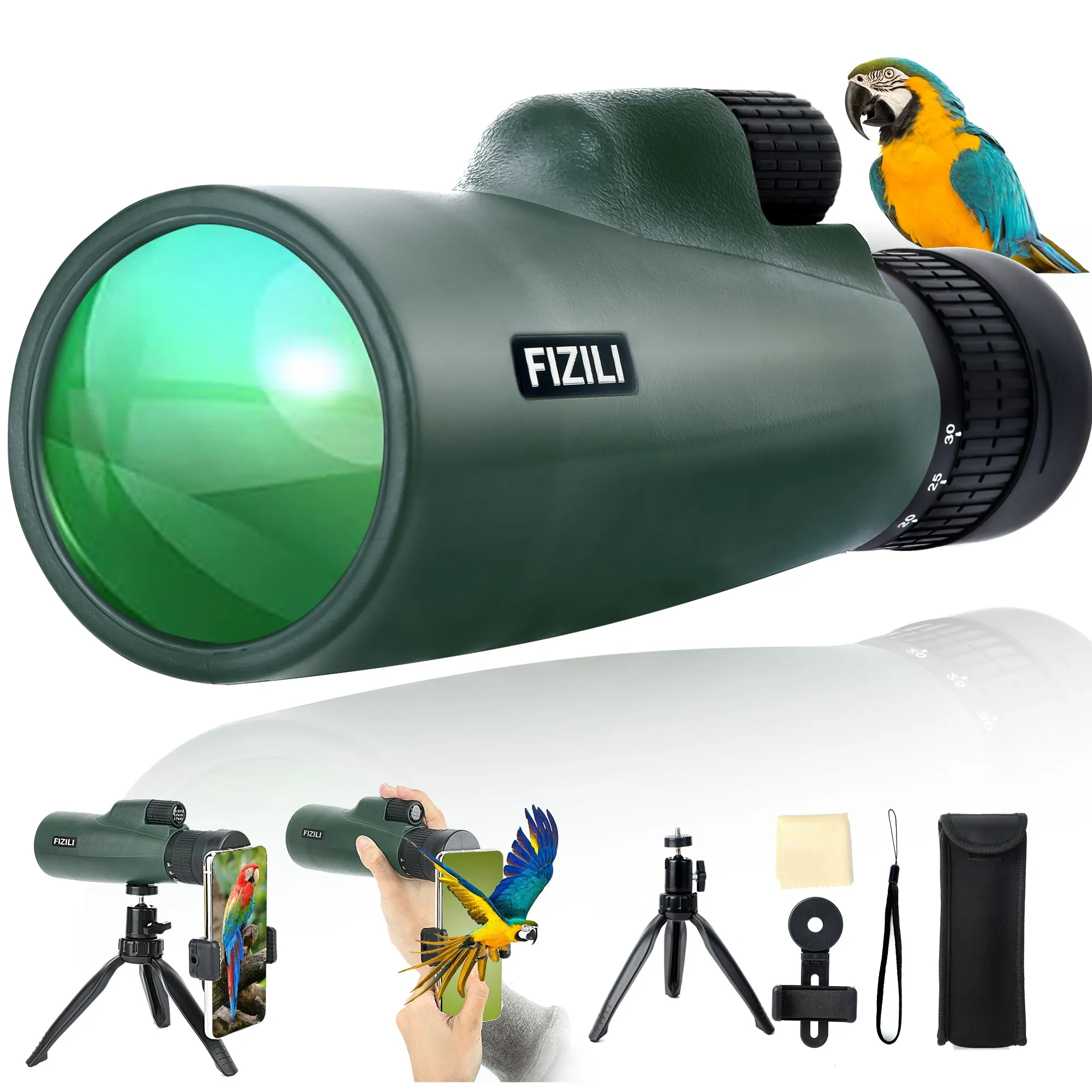 FIZILI Monocular Telescope for Adults - High Powered 10-30x50,HD Waterproof, BAK4 Prism, FMC Lens, Smartphone Adapter & Tripod - Ideal for Bird Watching, Hiking, Hunting, Traveling(Green)