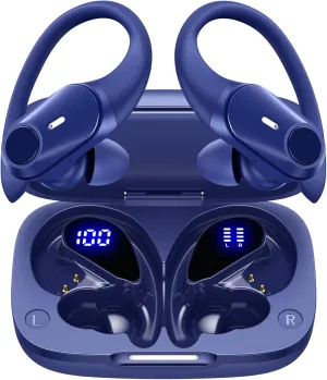 GOLREX Wireless Earbuds Bluetooth Headphones 80H Playtime Ear Buds with Wireless Charging Case & Dual LED Power Display Over-Ear Earphones with Earhooks for Sports Running Workout Blue