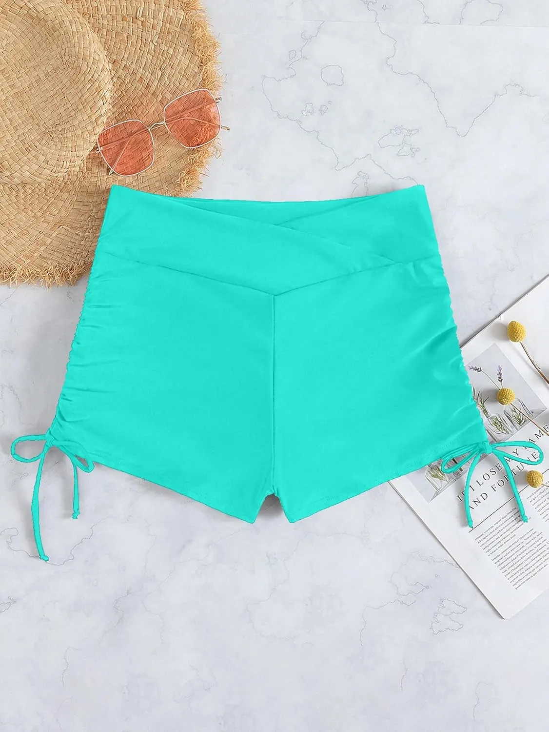 HYTENSUN Women's High Waisted V Cut Swim Shorts Ruched Board Shorts Tie Side Swimsuit Bottoms