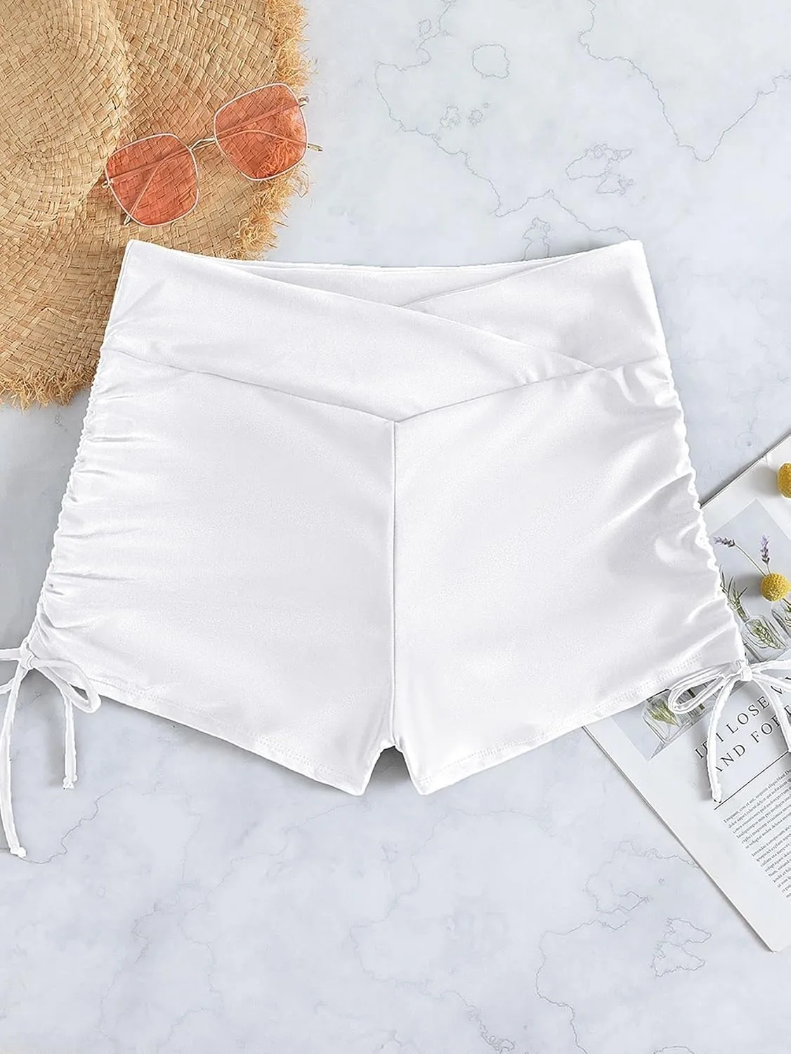 HYTENSUN Women's High Waisted V Cut Swim Shorts Ruched Board Shorts Tie Side Swimsuit Bottoms