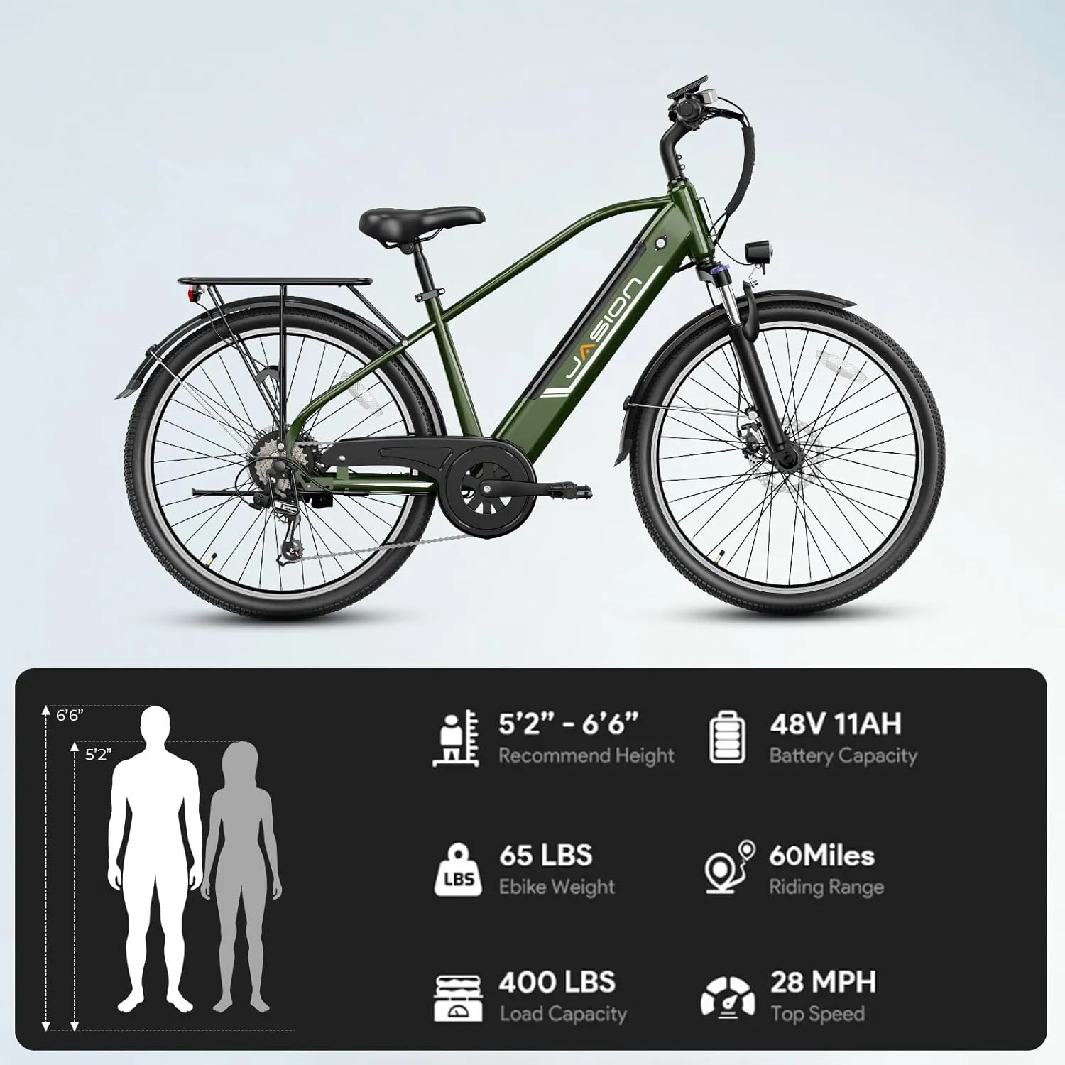 Jasion Roamer Electric Bike for Adults 1200W Peak Motor 528WH Removable Battery,up to 60miles 28MPH City Cruiser Ebike,26'' Commuter E Bike, 7-Speed Gears and Front Suspension Bicycles