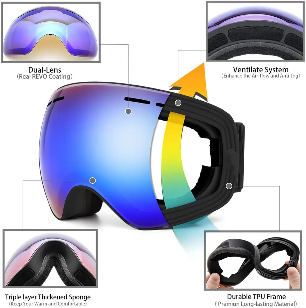 JULI Ski Goggles,Winter Snow Sports Snowboard Goggles with Anti-Fog Lens BNC
