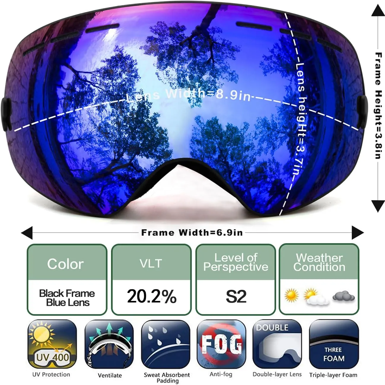 JULI Ski Goggles,Winter Snow Sports Snowboard Goggles with Anti-Fog Lens BNC