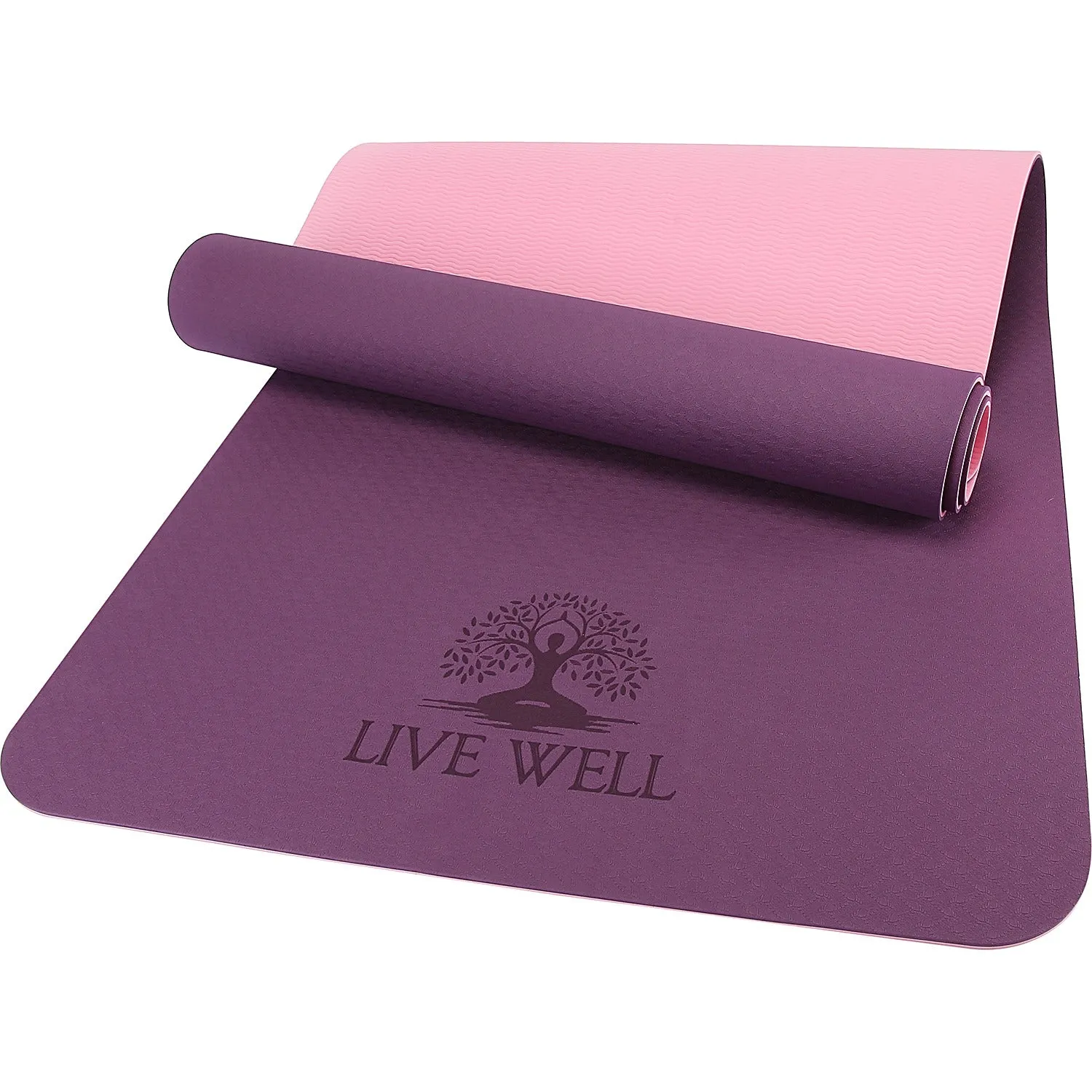 LIVE WELL Dual Color TPE Yoga Mat - Purple/Pink, 6ft x 2ft, 6mm Thick