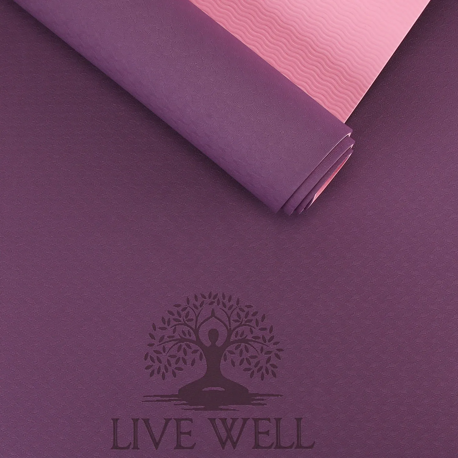 LIVE WELL Dual Color TPE Yoga Mat - Purple/Pink, 6ft x 2ft, 6mm Thick