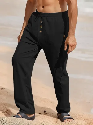 Mens Cotton Linen Pants Casual Summer Vacation Baggy Beach Pants Buttoned Drawstring Yoga Trousers with Pockets