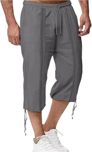 Men's Fashion Cargo Shorts Below Knee Length 3/4 Capri Pants Drawstring Pockets Elastic Waist Gym Shorts