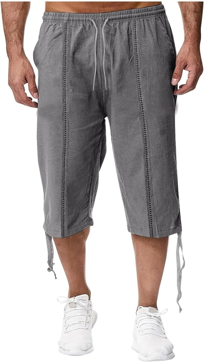 Men's Fashion Cargo Shorts Below Knee Length 3/4 Capri Pants Drawstring Pockets Elastic Waist Gym Shorts