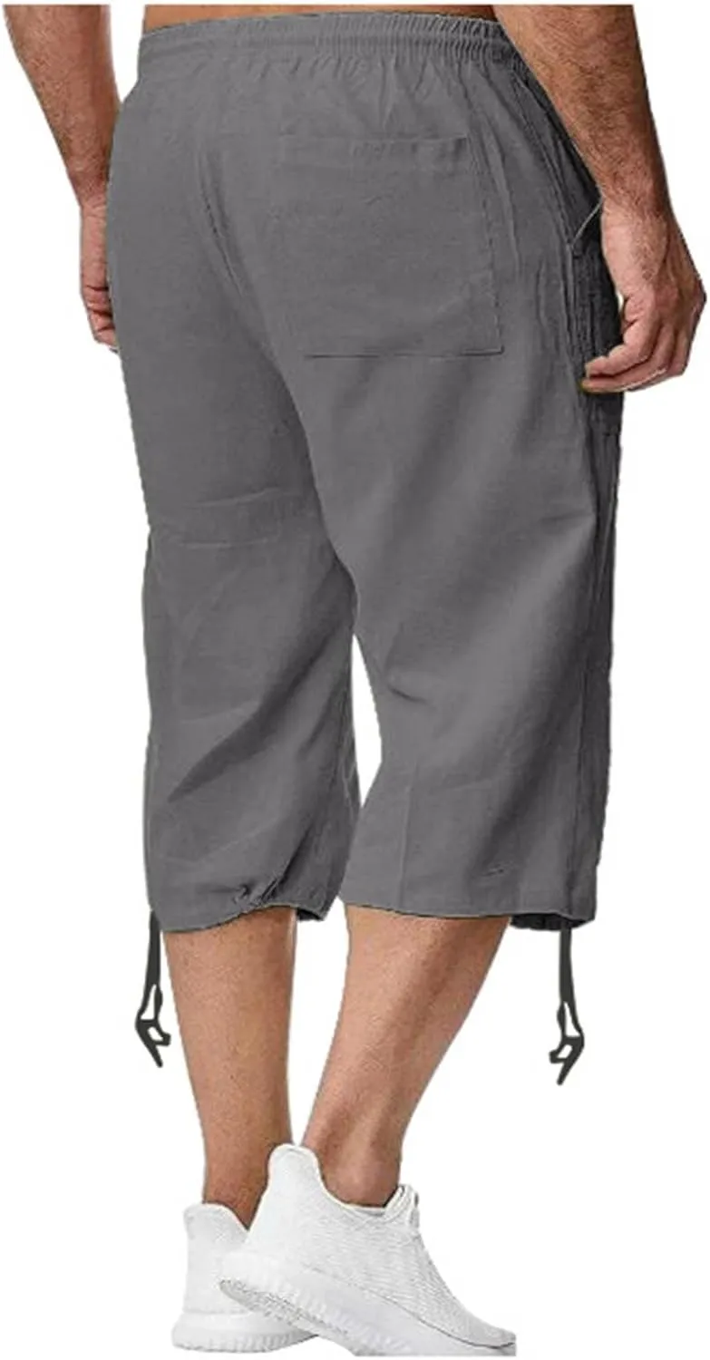 Men's Fashion Cargo Shorts Below Knee Length 3/4 Capri Pants Drawstring Pockets Elastic Waist Gym Shorts