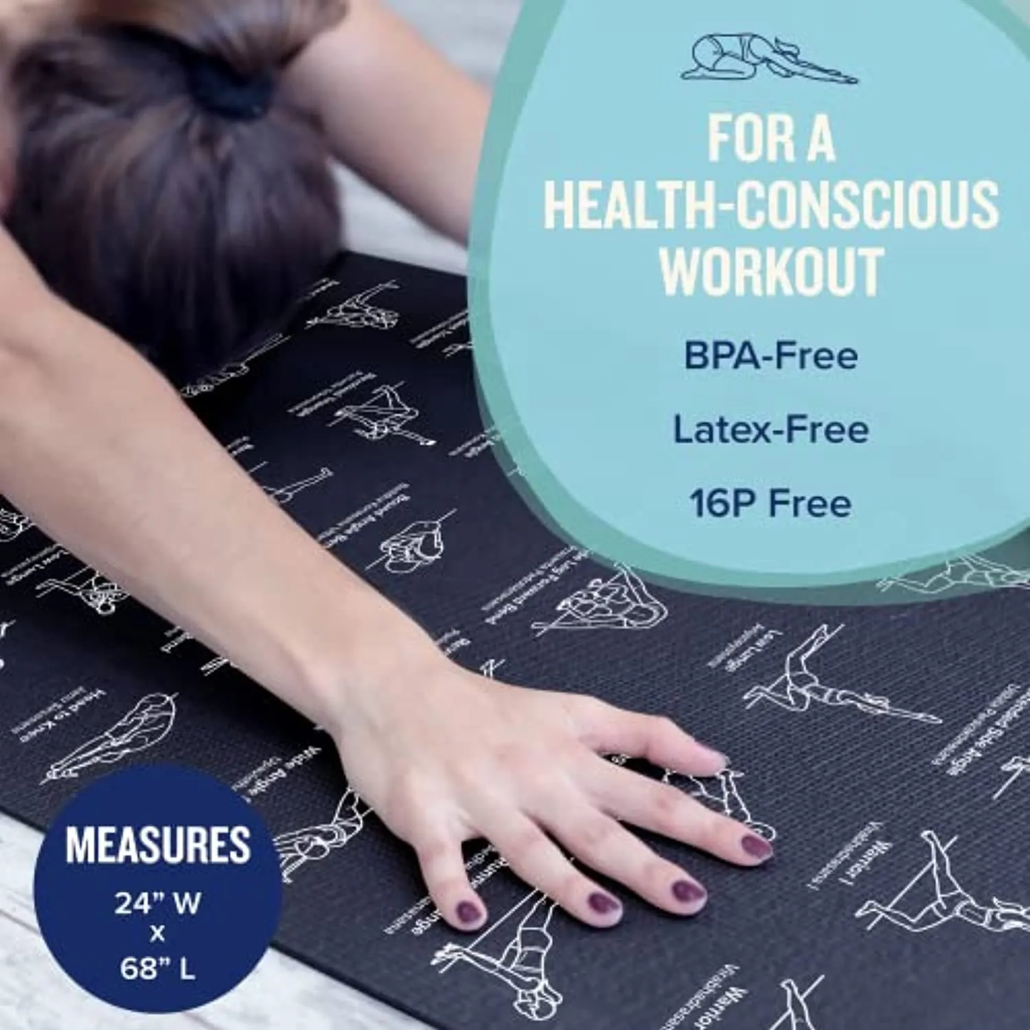NewMe Fitness Yoga Mat for Women and Men - 24” Wide x 68" Long - Non Slip Instructional Yoga Mats - Yoga Pilates Floor Mat for Home and Gym - 5 mm Thick Exercise Mat with 70 Printed Yoga Poses
