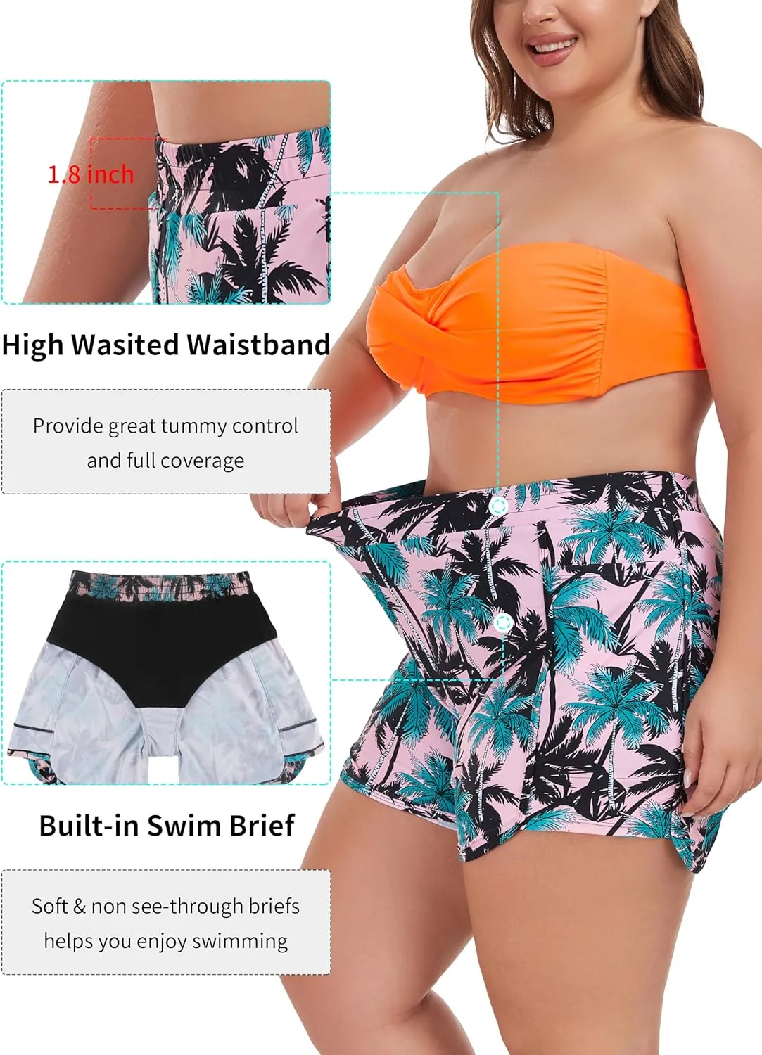 Ocean Blues Womens High Waisted Board Shorts UPF 50  Swim Shorts Quick Dry Trunks with Liner