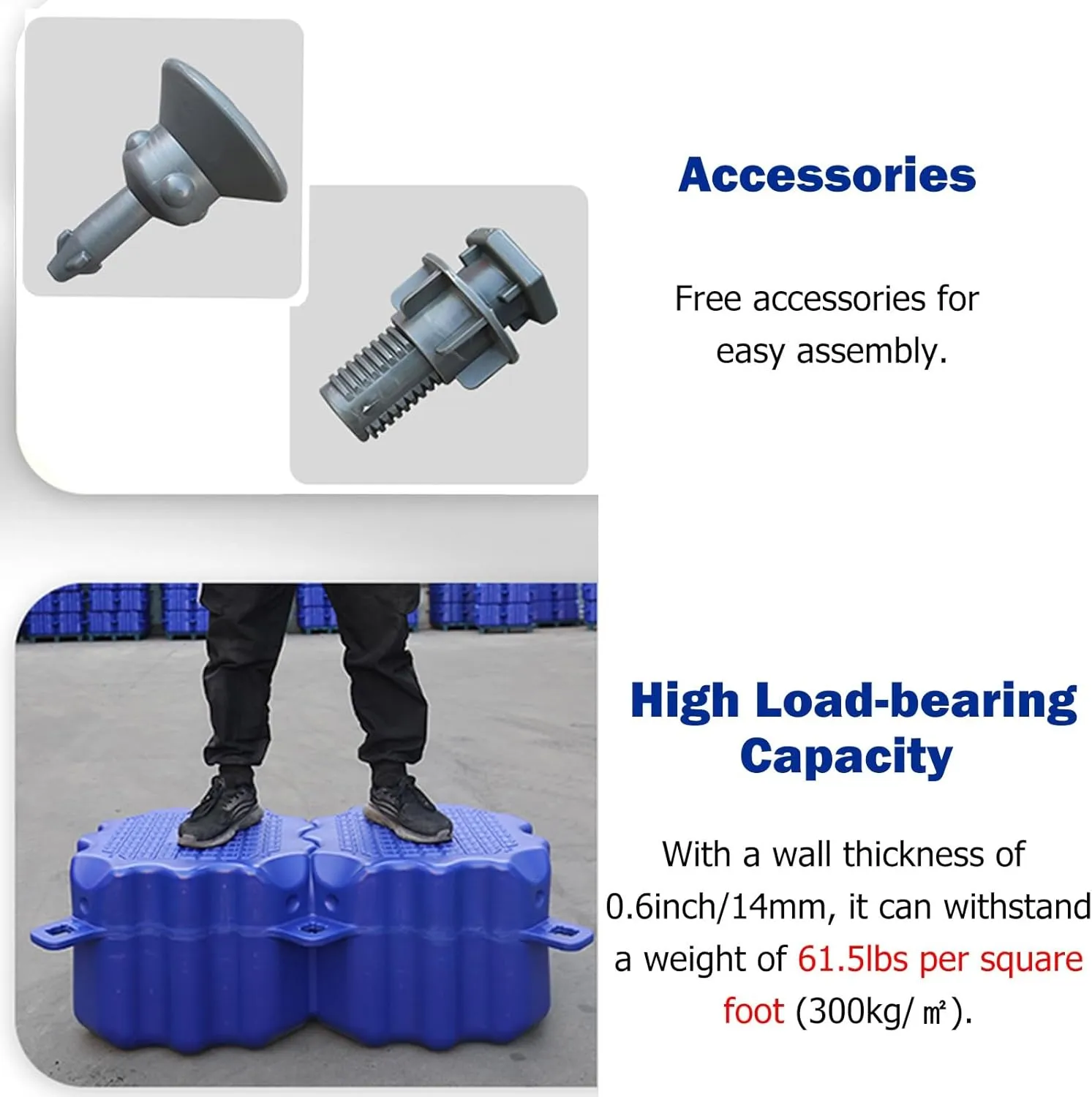 Portable Large Floating Platform, High Load-Bearing Capacity HDPE Floating Dock for Yachts/Boats, Heavy Duty Fishing Rafts with Anti-Slip Texture(Blue,H 25cm/9.8inch)