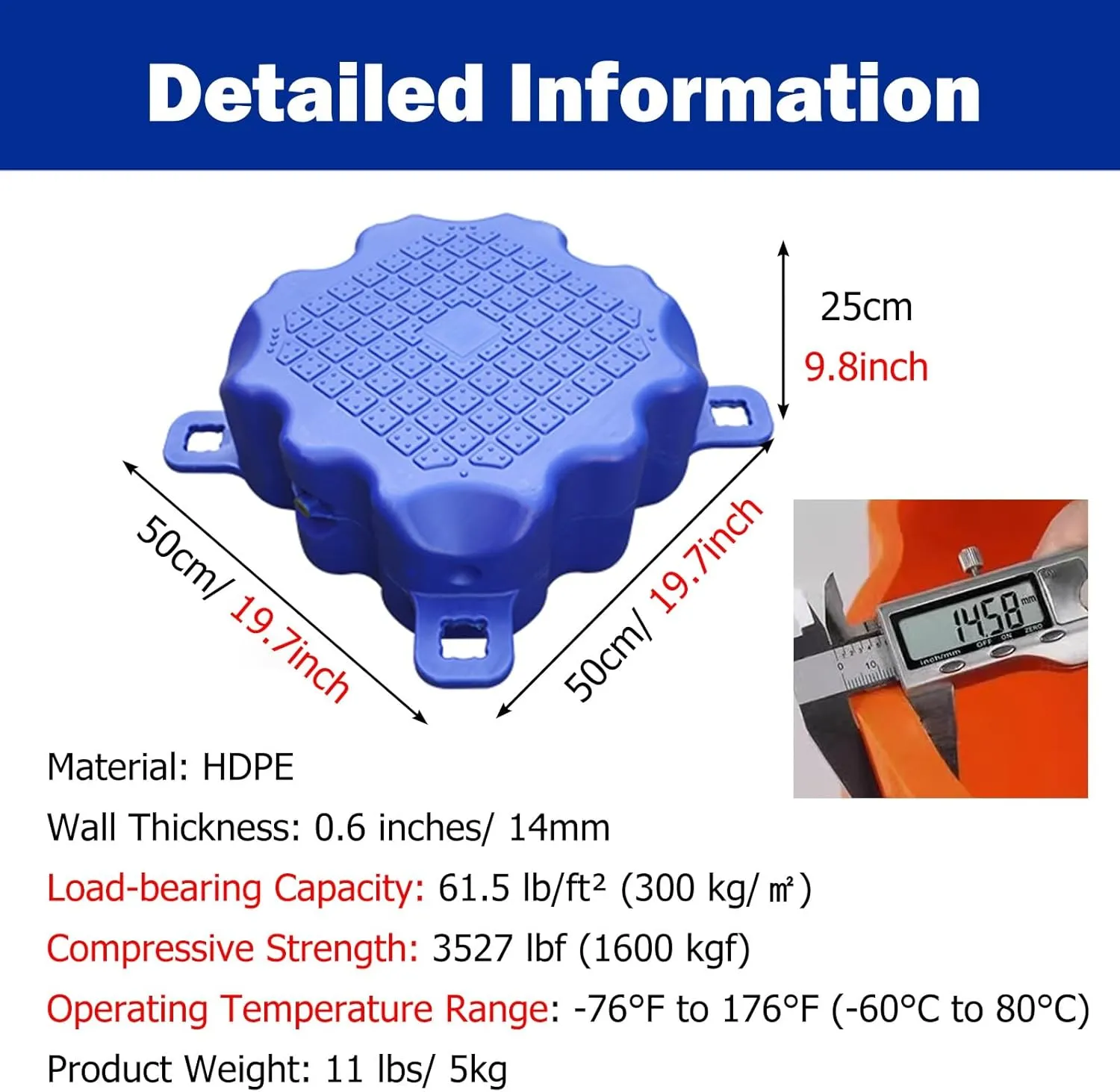 Portable Large Floating Platform, High Load-Bearing Capacity HDPE Floating Dock for Yachts/Boats, Heavy Duty Fishing Rafts with Anti-Slip Texture(Blue,H 25cm/9.8inch)