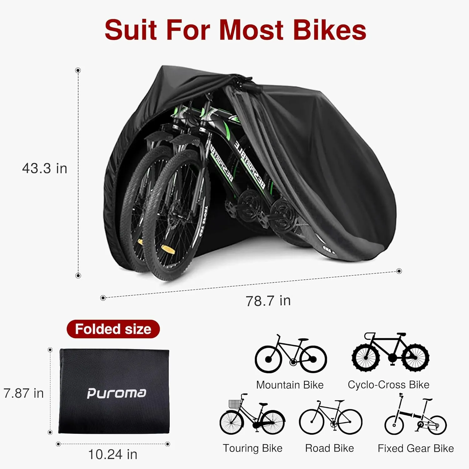 Puroma Bike Cover for 1 bike, 190T Outdoor Waterproof Bicycle Covers Rain Sun UV Dust Wind Proof with Lock Hole for Mountain Road Electric Bike (Basic Black)