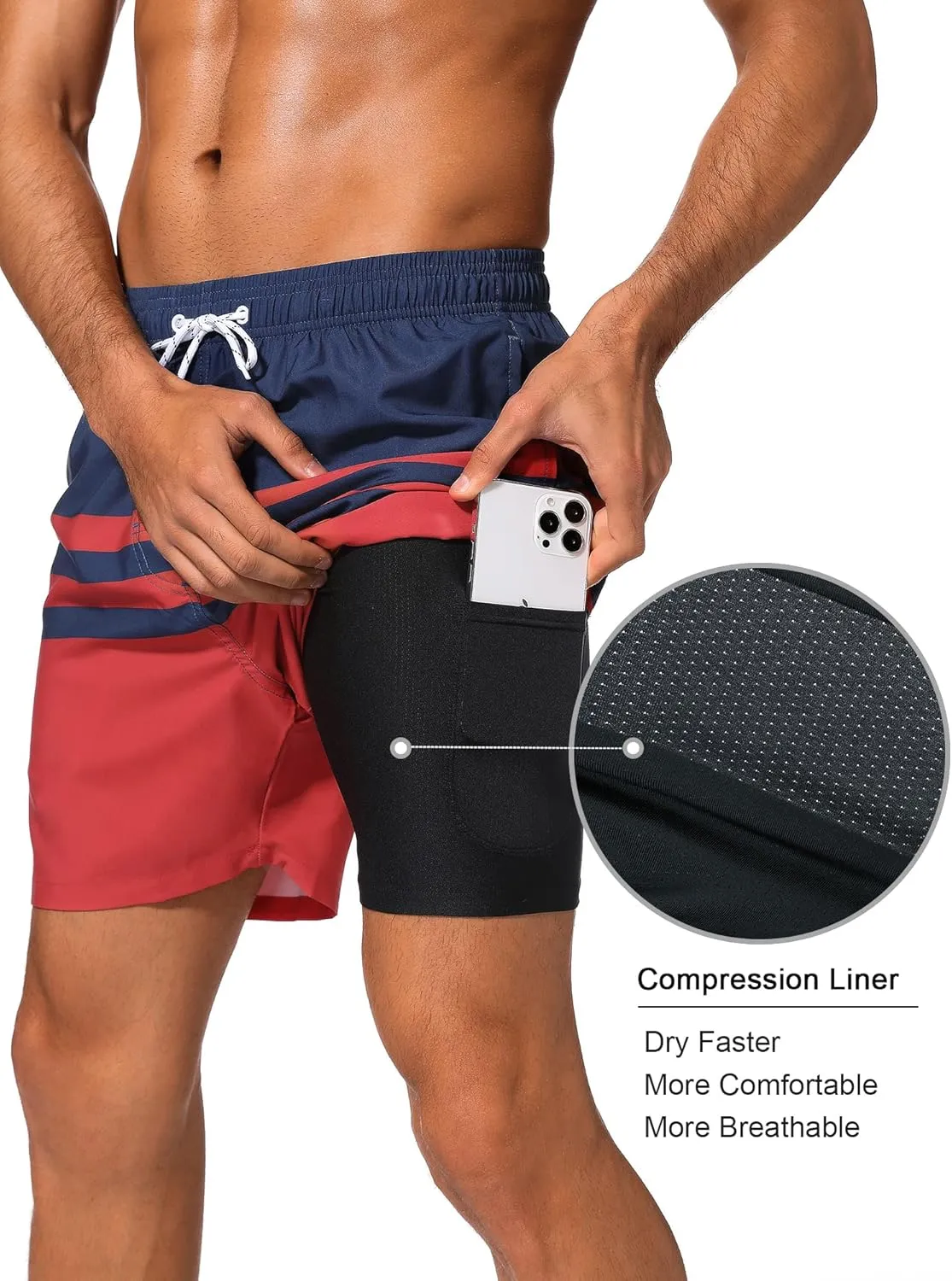 SILKWORLD Mens Swim Trunks with Compression Liner 2 in 1 Quick Dry Bathing Suit Beach Shorts with Zipper Pockets