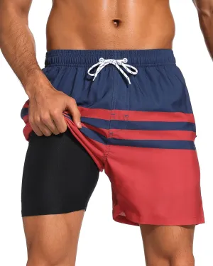 SILKWORLD Mens Swim Trunks with Compression Liner 2 in 1 Quick Dry Bathing Suit Beach Shorts with Zipper Pockets