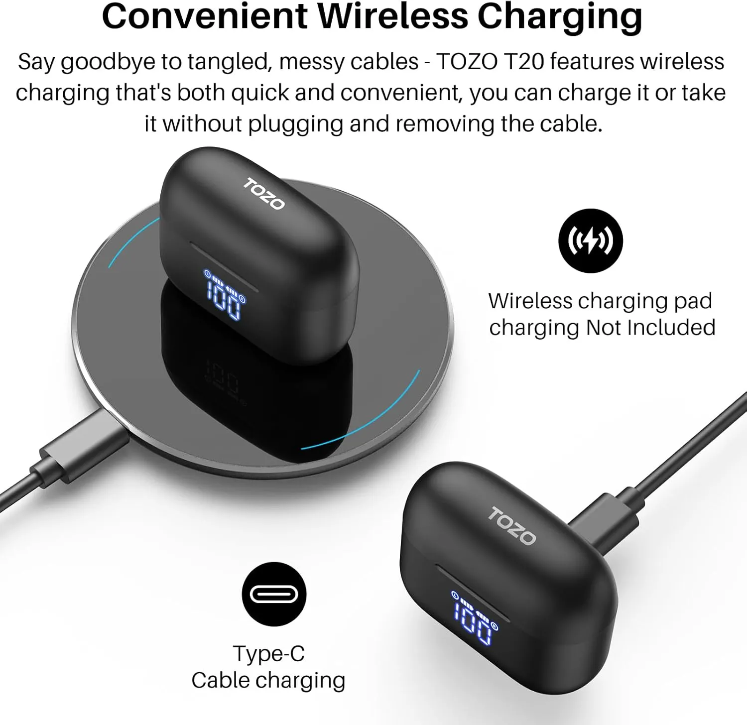 TOZO T20 Wireless Earbuds Bluetooth Headphones 48.5 Hrs Playtime with LED Digital Display, IPX8 Waterproof, Dual Mic Call Noise Cancelling 10mm Broad Range Speakers with Wireless Charging Case