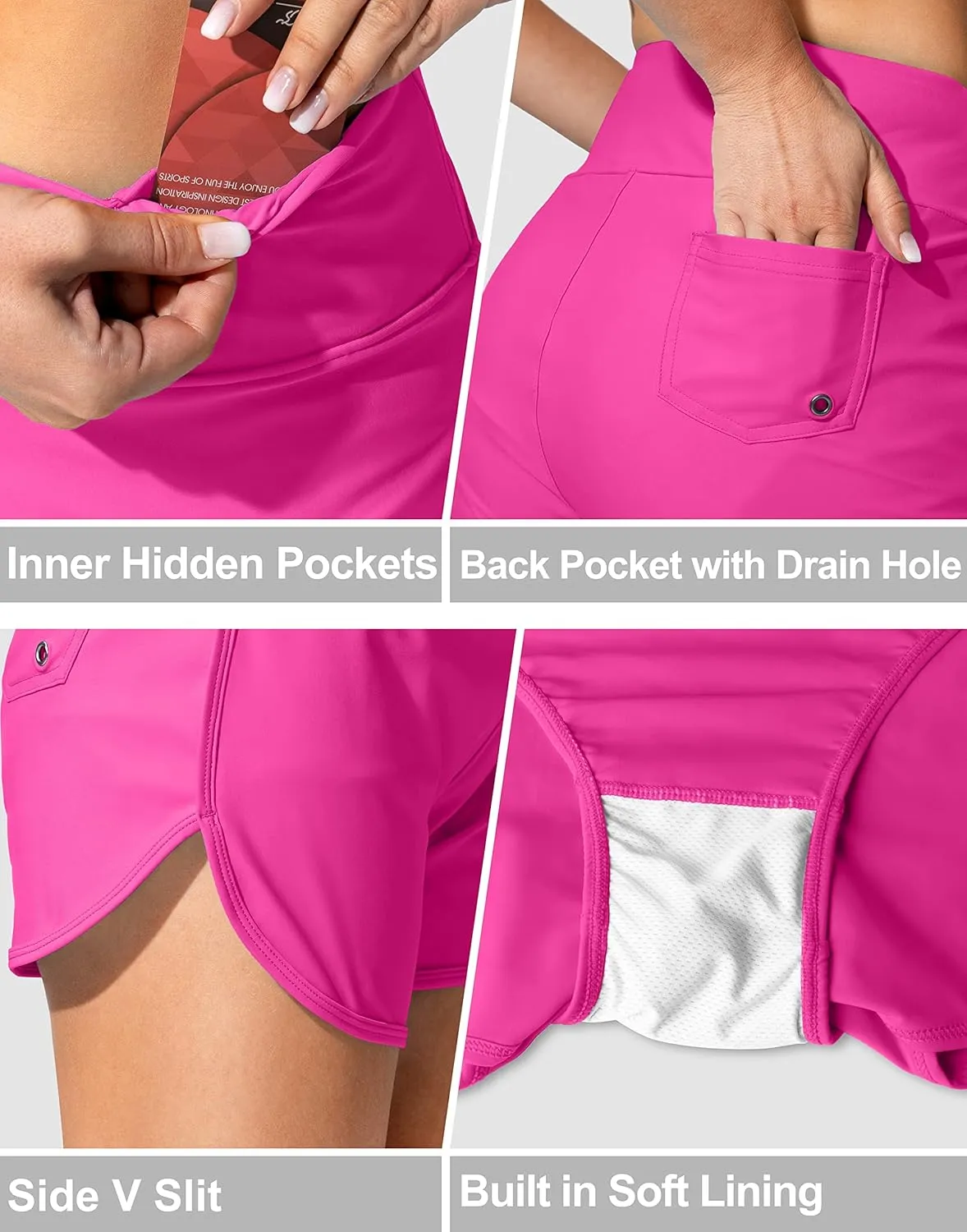 Women's Swim Shorts with Pockets High Waisted Tummy Control Board Swimsuit Bathing Shorts for Women with Liner