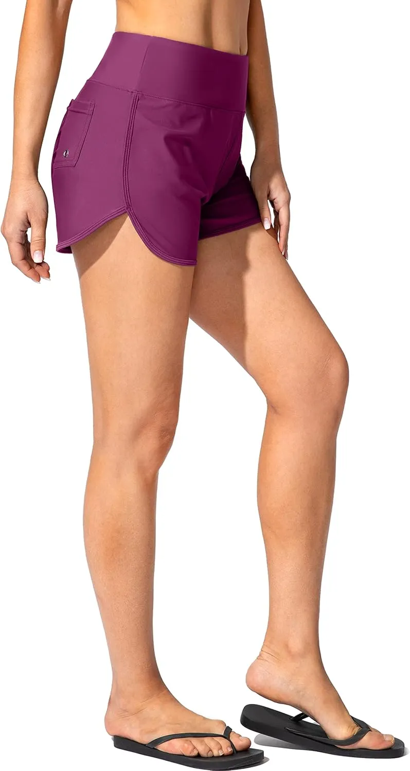 Women's Swim Shorts with Pockets High Waisted Tummy Control Board Swimsuit Bathing Shorts for Women with Liner