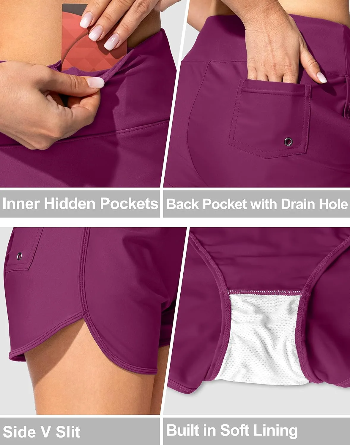 Women's Swim Shorts with Pockets High Waisted Tummy Control Board Swimsuit Bathing Shorts for Women with Liner